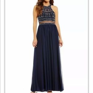 Sequin Hearts Navy Beaded Prom Formal Dress Sz 1